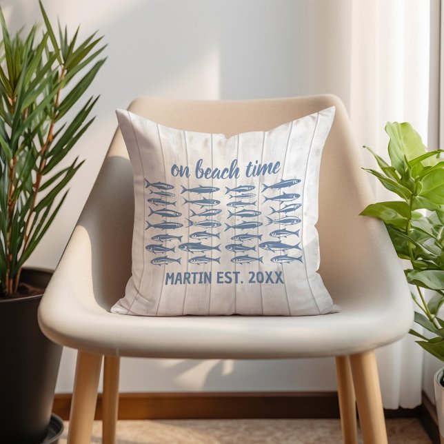 Blue Sardines Beach Time Name Kissen (Customizable sardine "On beach time" pillow. Personalized with your family name and established date)
