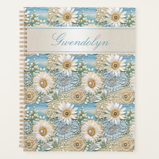 Blue Satin Daisy & Pearls 3D Planer (Vorderseite)