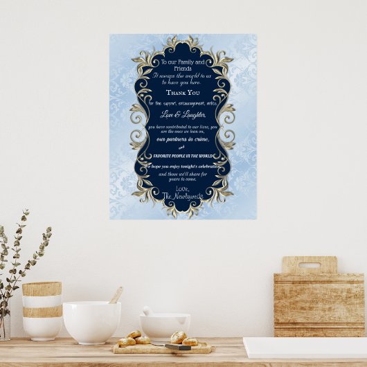 Blue Satin Gold Metallic Rahmen Hochzeitsgrüßen Poster (Küche)