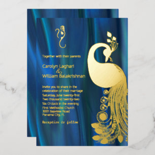 Blue Satin mit Gold Peacock und Ganesha Wedding Folieneinladung