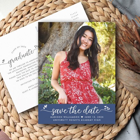 Blue Save the Date Abschluss Foto Script Hearts Einladungspostkarte