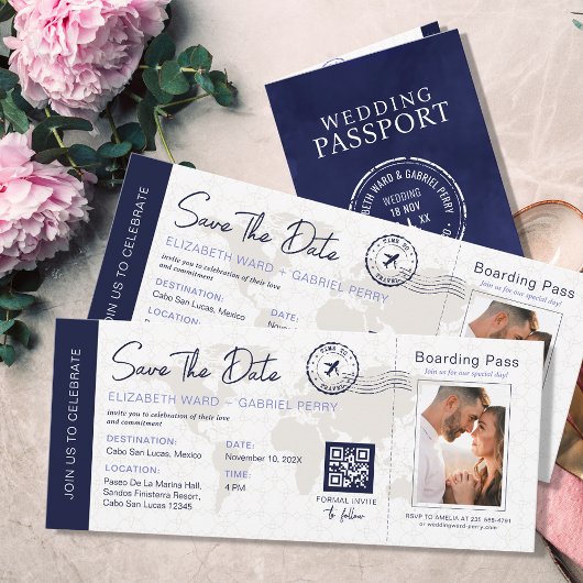 Blue Save the Date Hochzeit in Urlaubsort QR-Code Einladung