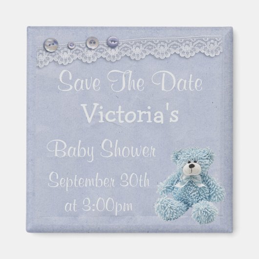 Blue Save the Date Teddy Bear Baby Boy Dusche Magnet (Vorne)