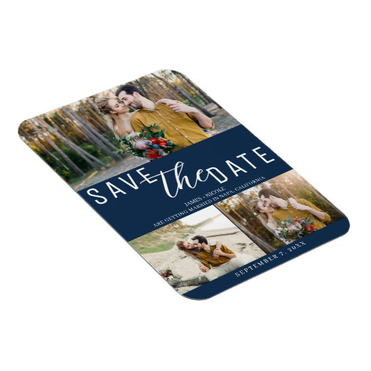 Blue Save the Date Wedding 3 Fotos Magnet (Rechte Seite)