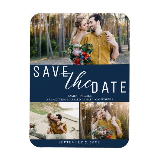 Blue Save the Date Wedding 3 Fotos Magnet (Vertikal)