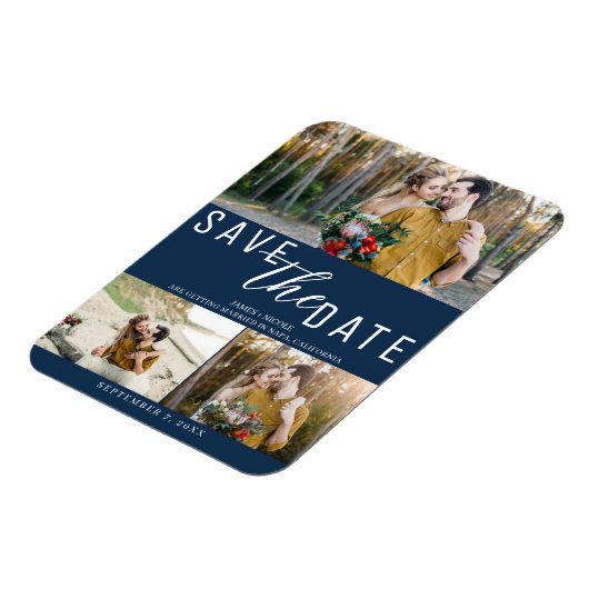 Blue Save the Date Wedding 3 Fotos Magnet (Linke Seite)