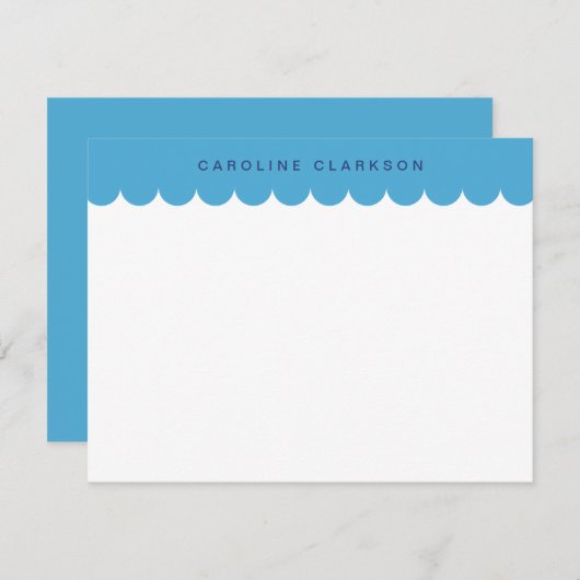 Blue Scallop Border Modern Stationer Note Card Einladung (Vorne/Hinten)