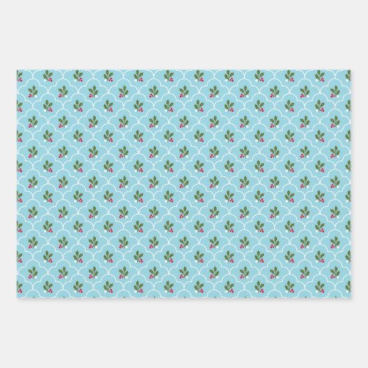 Blue Scallop Tile Holly Branly Weihnachten Geschenkpapier Set (Vorderseite 2)