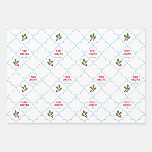 Blue Scallop Tile Holly Branly Weihnachten Geschenkpapier Set (Vorderseite)