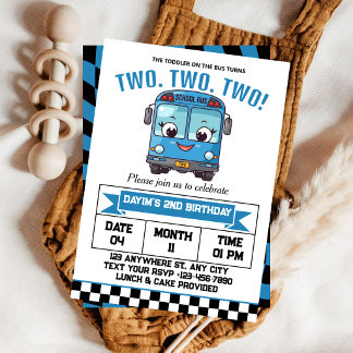 Blue School Bus Boy 2nd birthday Party Einladung