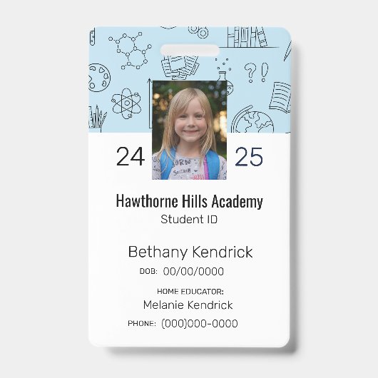 Blue School Icons Homeschool Student ID Abzeichen Ausweis (Front)