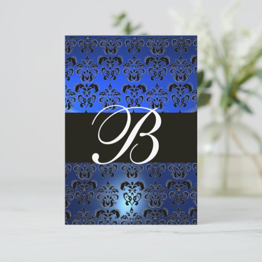 BLUE SCHWARZ-WEISS DAMASK MONOGRAMM UAWG EINLADUNG (Stehend Vorderseite)
