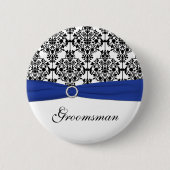 Blue Schwarz-weiß Damask Trauzeuge Button (Vorderseite)