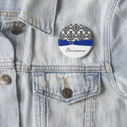 Blue Schwarz-weiß Damask Trauzeuge Button (Beispiel)