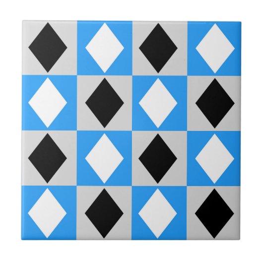 Blue Schwarz-weiß Geometric Rhombus Diamond Fliese (Vorderseite)