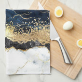 Blue Schwarz-weiß Marble Glam Geschirrtuch (Viertel Falte)
