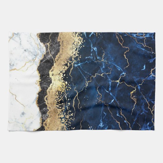 Blue Schwarz-weiß Marble Glam Geschirrtuch (Horizontal)
