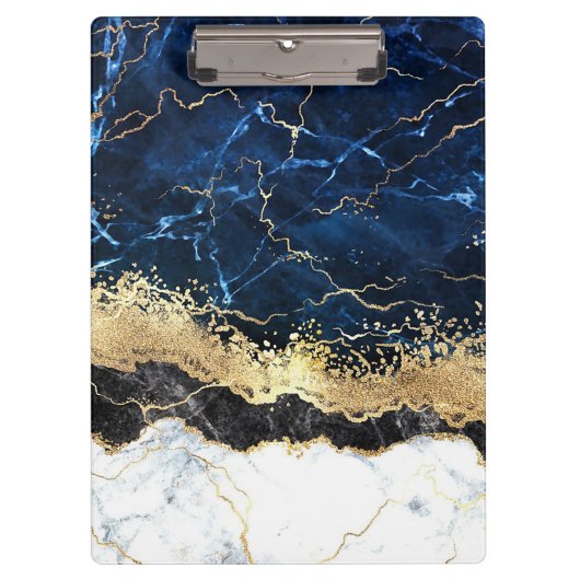 Blue Schwarz-weiß Marble Glam Klemmbrett (Vorderseite)