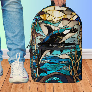 Blue Schwarz-weiß Orka Whale Stain Glass Look Bedruckter Rucksack