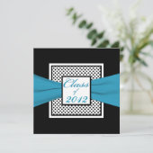 Blue Schwarz-weiß Polka Dot Foto Abschluss Einladung (Stehend Vorderseite)