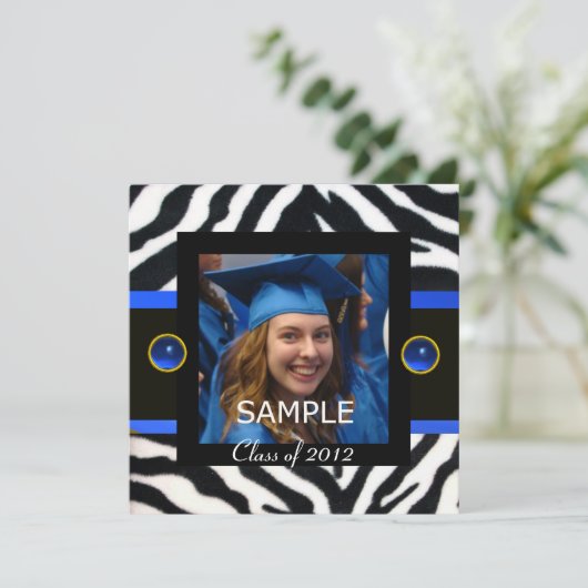 BLUE SCHWARZ-WEISSE ZEBRA FUR Monogramm-Fotomodell Einladung (Stehend Vorderseite)