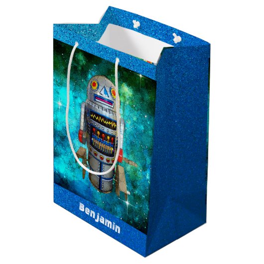 Blue sci fi Retro Spielzeugroboter Galaxy individu Mittlere Geschenktüte (Rückseite Schrägansicht)