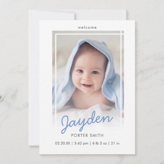 Blue Script Boy Foto Birth Announcement Card Ankündigung (Vorderseite)
