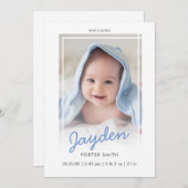 Blue Script Boy Foto Birth Announcement Card Ankündigung (Vorne/Hinten)