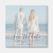 Blue Script Couple Foto Wedding Save the Date Magnet (Vorne)