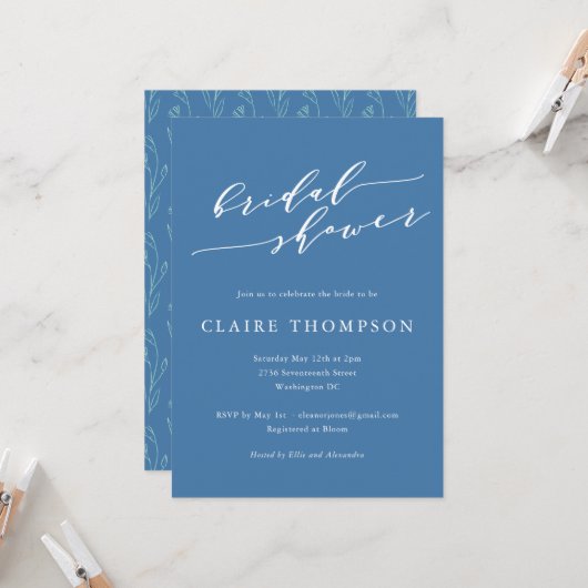 Blue Script Floral Bold Romantic Bridal Shower Einladung (Vorderseite/Rückseite Beispiel)