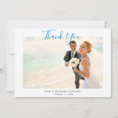 Blue Script Foto Beach Wedding Dankeschön Card Einladung (Vorderseite)