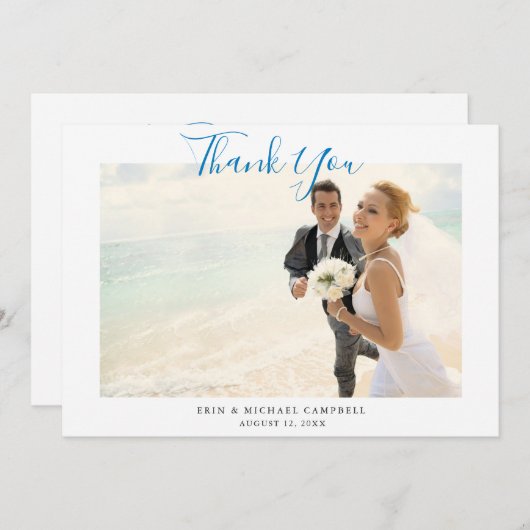 Blue Script Foto Beach Wedding Dankeschön Card Einladung (Vorne/Hinten)
