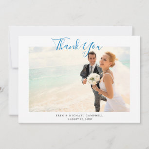 Blue Script Foto Beach Wedding Dankeschön Card Einladung