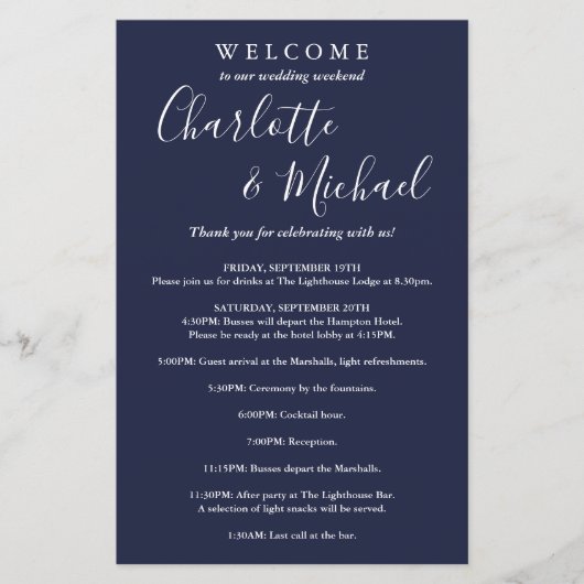 Blue Script Guest Wedding Weekend Program (Vorderseite)