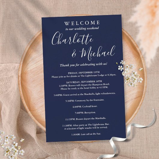 Blue Script Guest Wedding Weekend Program