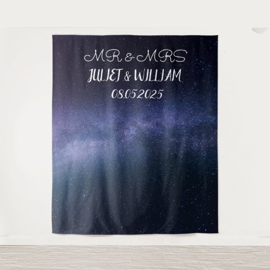 Blue Script Mr & Mrs. Wedding Backdrop Banner Wandteppich (Vorderseite)