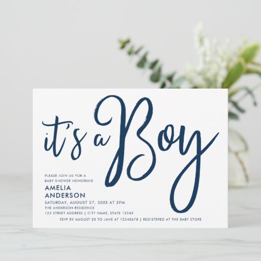 Blue Script & Pastel Blue Es ist eine Baby-Dusche Einladung (Stehend Vorderseite)