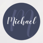 Blue Script Personalisiert Monogram und Name Etiketten (Design 2)