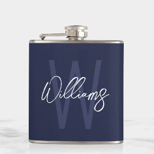 Blue Script Personalisiert Monogram und Name Flachmann