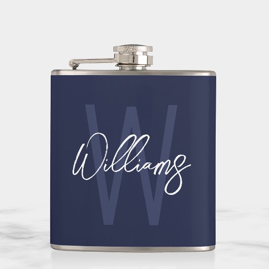 Blue Script Personalisiert Monogram und Name Flachmann