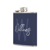 Blue Script Personalisiert Monogram und Name Flachmann (Links)