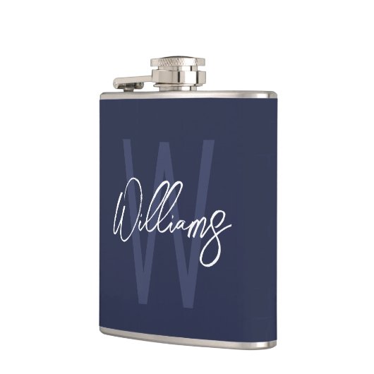 Blue Script Personalisiert Monogram und Name Flachmann (Links)