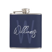 Blue Script Personalisiert Monogram und Name Flachmann (Vorderseite)