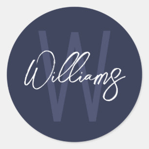 Blue Script Personalisiert Monogram und Name Runder Aufkleber