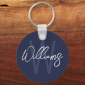 Blue Script Personalisiert Monogram und Name Schlüsselanhänger (Vorderseite)