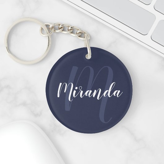 Blue Script Personalisiert Monogram und Name Schlüsselanhänger
