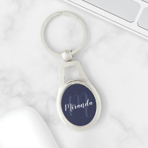 Blue Script Personalisiert Monogram und Name Schlüsselanhänger