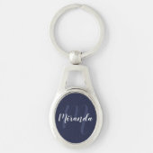 Blue Script Personalisiert Monogram und Name Schlüsselanhänger (Vorderseite)