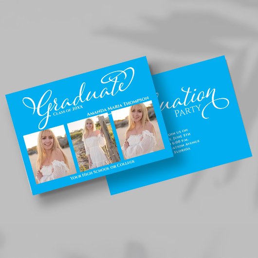 Blue Script Photo Collage Graduation Announcement Einladung