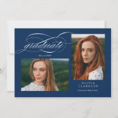 Blue Script QR Code 3 Foto Graduation Party Einladung (Vorderseite)